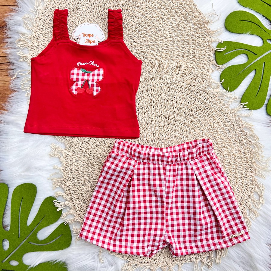 Conj. Regata Mon Cheri e Short Xadrez - Vermelho